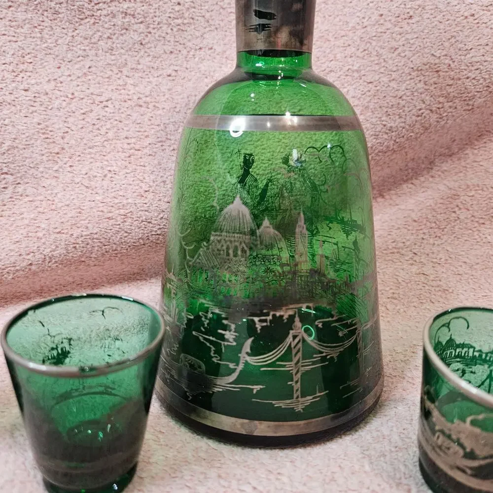 Vintage Venetian Emerald Green Glass Decanter Set w/ Silver Overlay & 4 Glasses